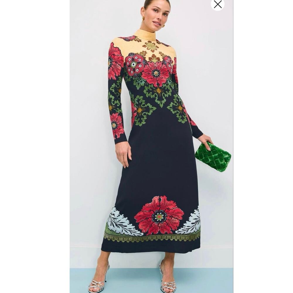 LA DOUBLEJ Black Red Halle Floral Long Sleeve Mock Neck Gown size Small